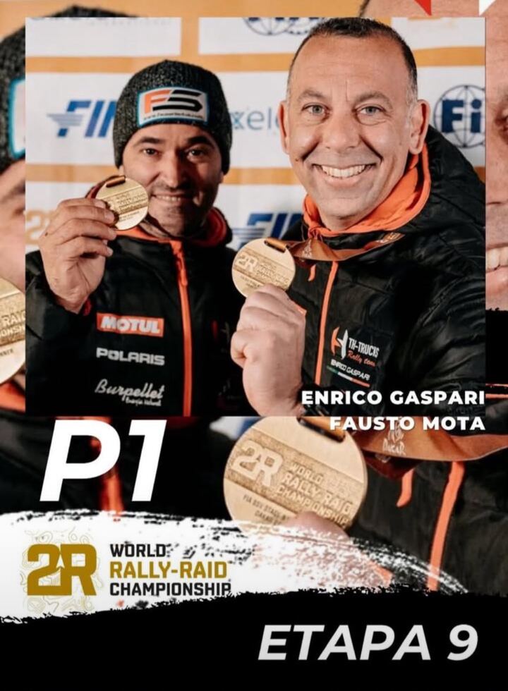 Graphic featuring Enrico Gaspari and Fausto Mota with medals and a stage 9 P1 caption